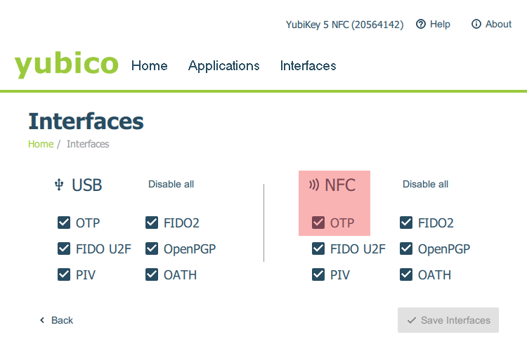 Yubikey manager showing the Interfaces available on a Yubikey. The NFC OTP interface is highlighted.